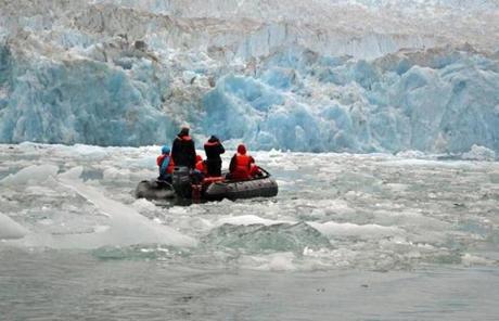 Passengers on an Alaskan photo expedition got close to the face of South Sawyer Glacier. 
